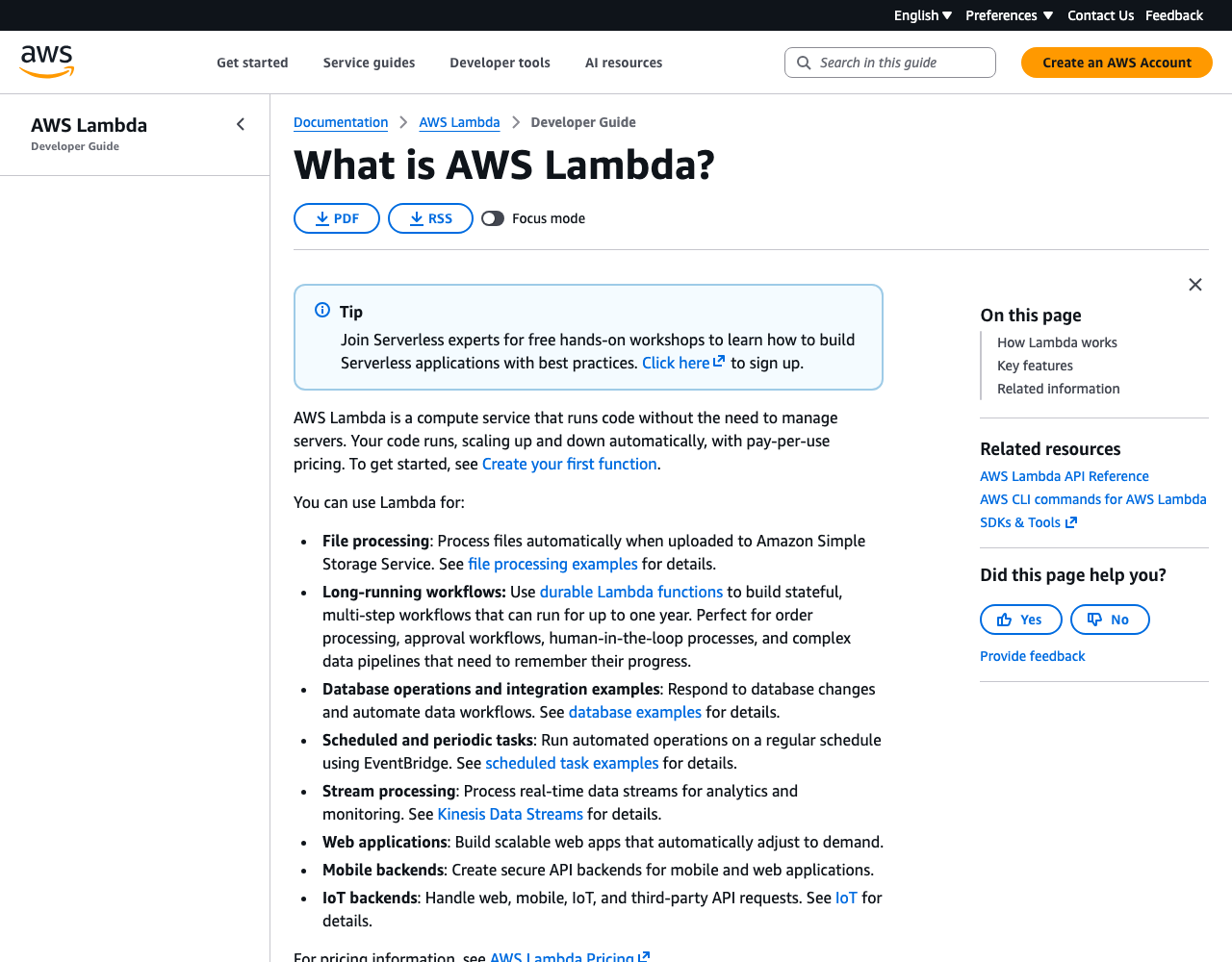 AWS Lambda documentation with global navigation, a guide sidebar, breadcrumbs, and a current-page outline