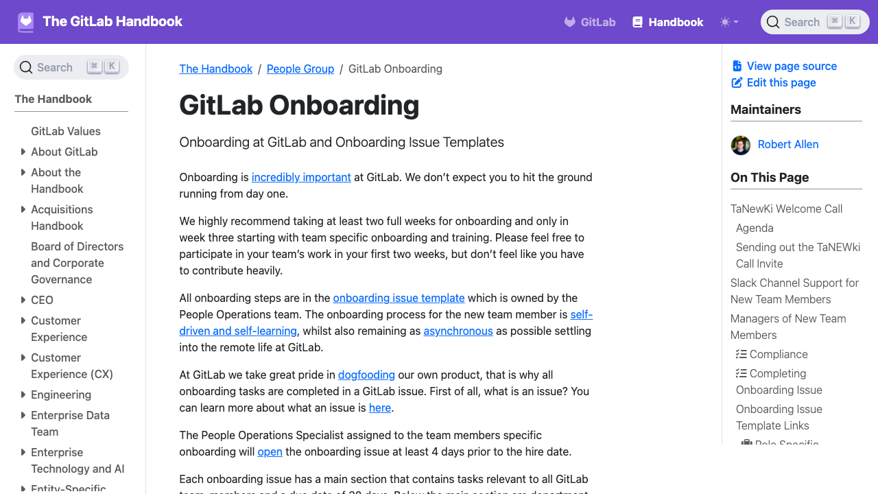 GitLab handbook describing onboarding issue tasks, ownership, and role-specific work