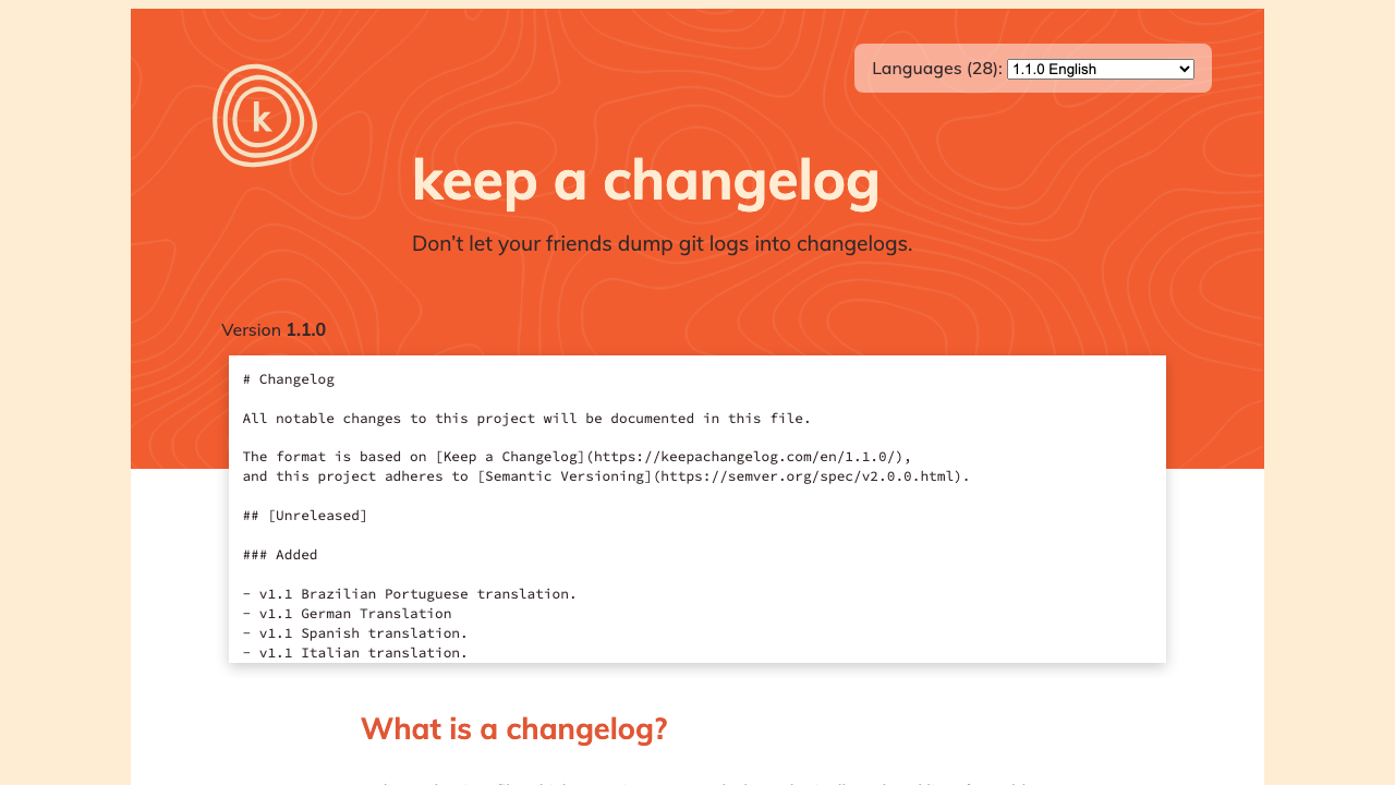 Keep a Changelog website showing its guidance for human-readable and chronologically organized changelogs