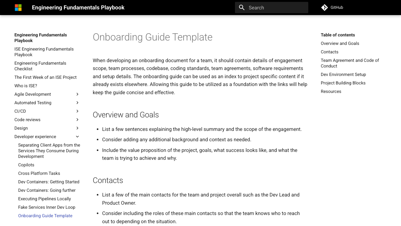 Microsoft Engineering Fundamentals onboarding template with separate areas for goals, contacts, team agreements, setup, project building blocks, and resources